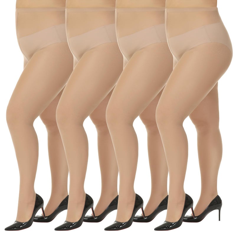 MANZI Women's Plus Size Pantyhose 4 Pairs Ultra Sheer Nylon Tights Natural Nude 3X - Image 1
